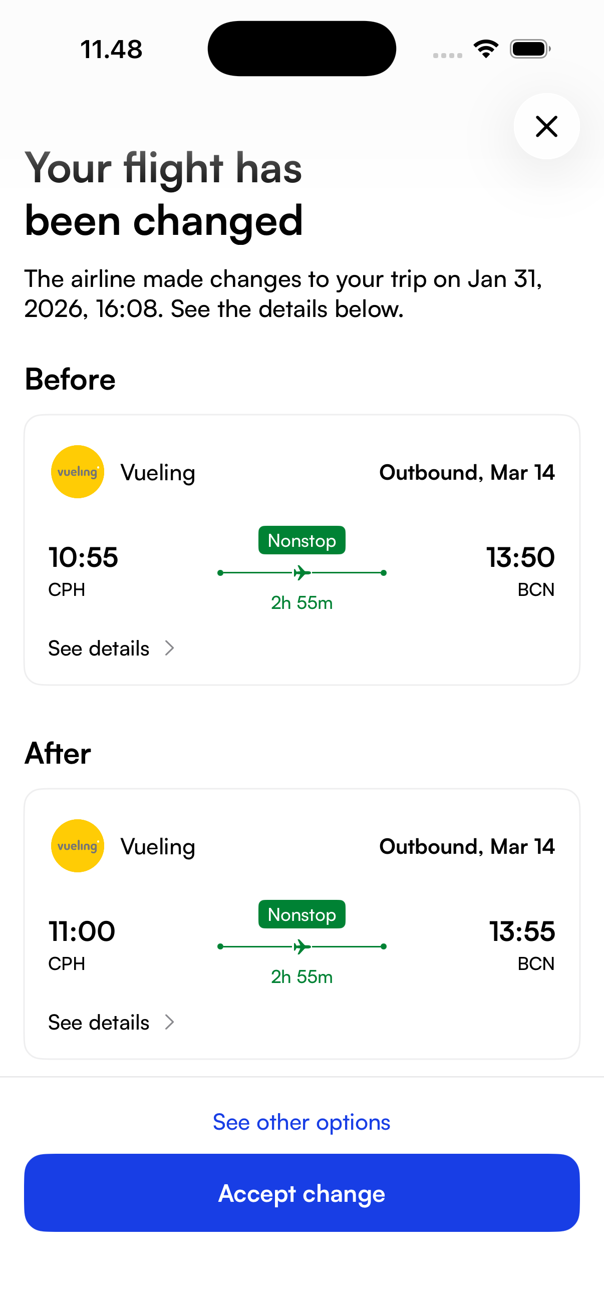 Flight change notification in the Toplu app
