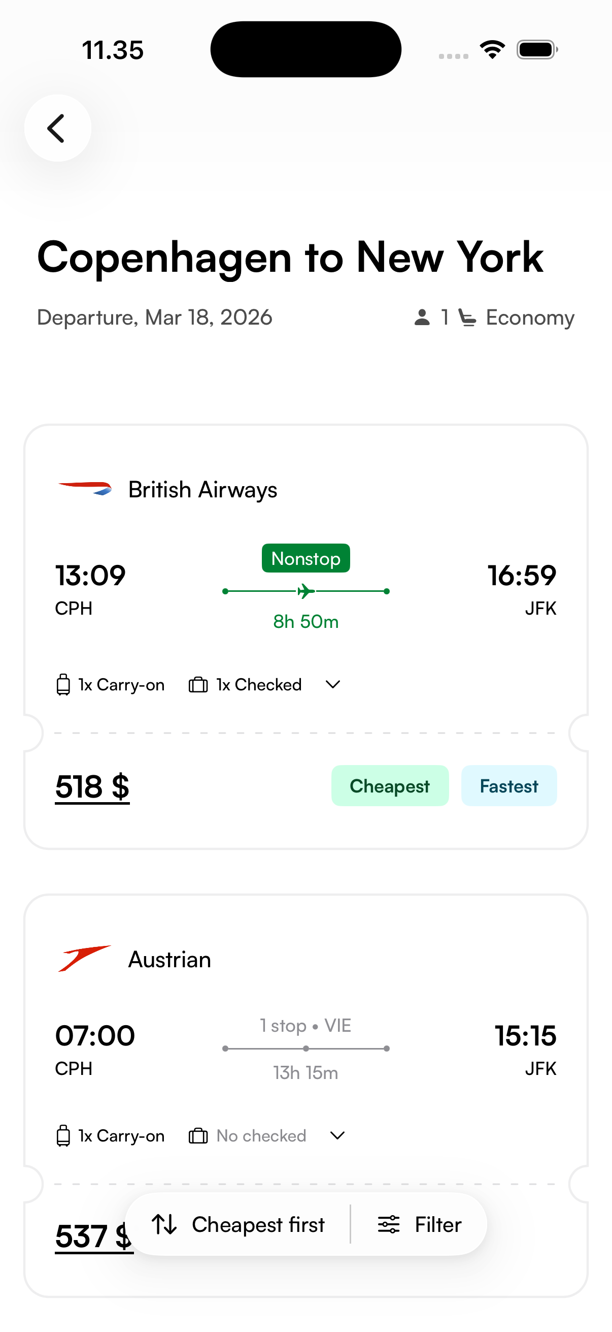 Comparing flight prices in the Toplu app